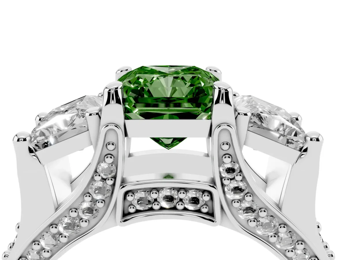 Fancy Green Radiant Cut Diamond Three-Stone Ring with Channel Set Band and Four-Prong Setting Silver