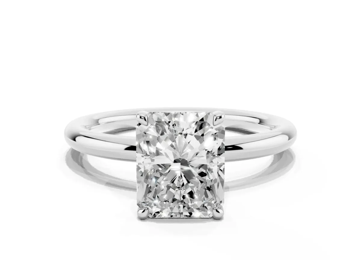 Radiant Cut Diamond Solitaire Ring with Thin Band and Four-Prong Setting Platinum