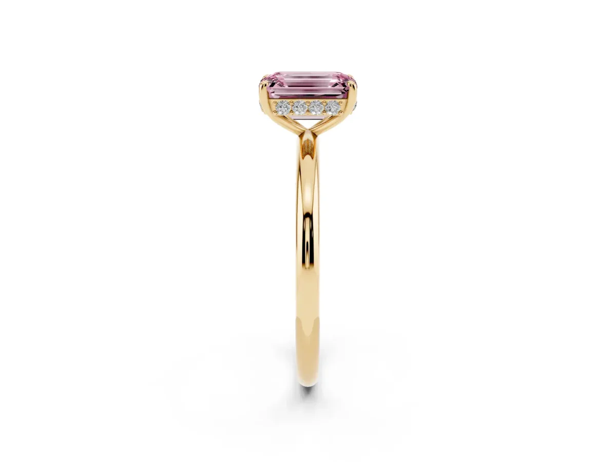 Fancy Pink Emerald Cut Solitaire Diamond Ring with a Classic Band and Four-Prong Setting Yellow gold