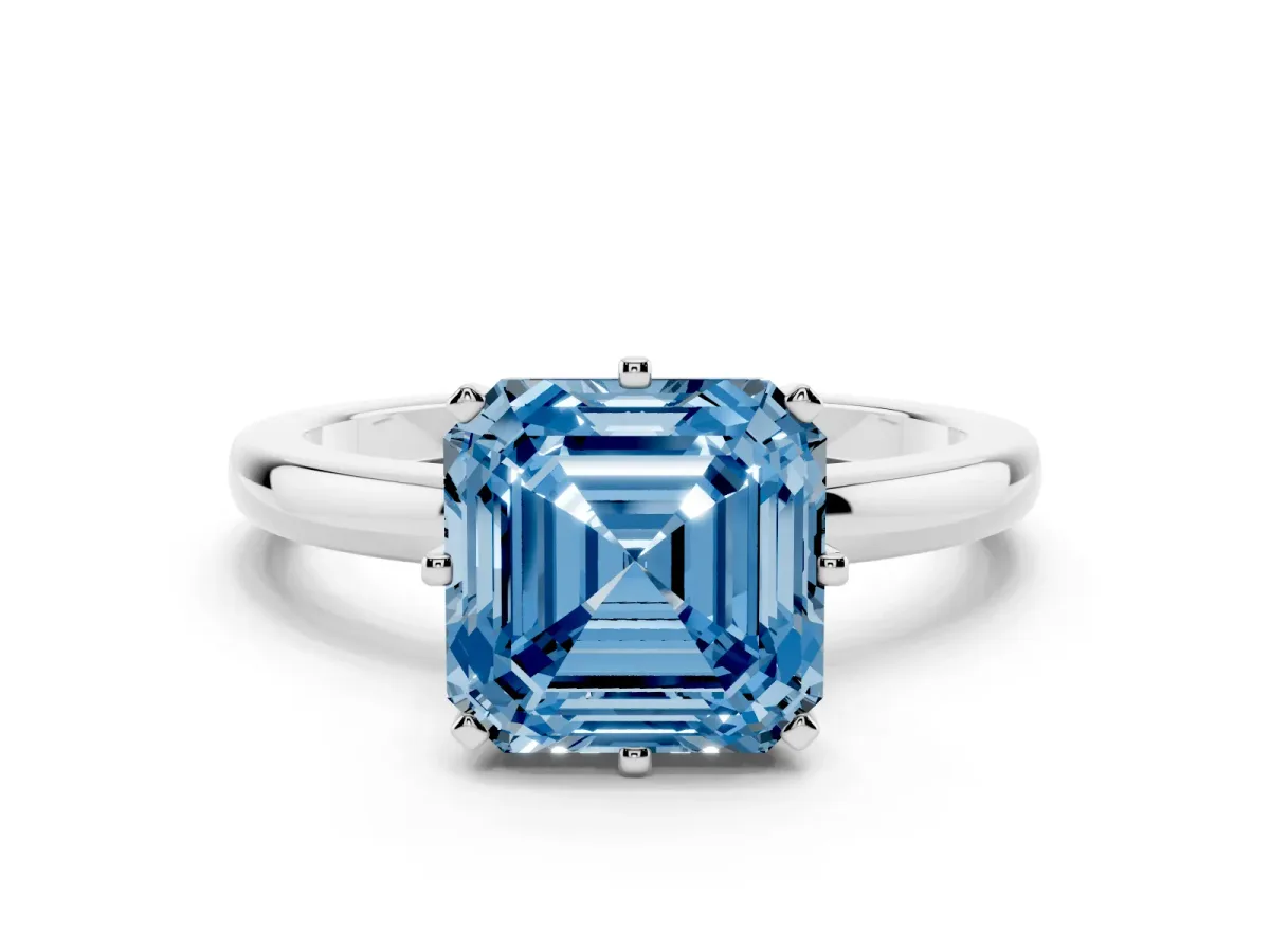 Fancy Blue Asscher Cut Solitaire Diamond Ring with Six-Prong Setting on a Classic Band Silver