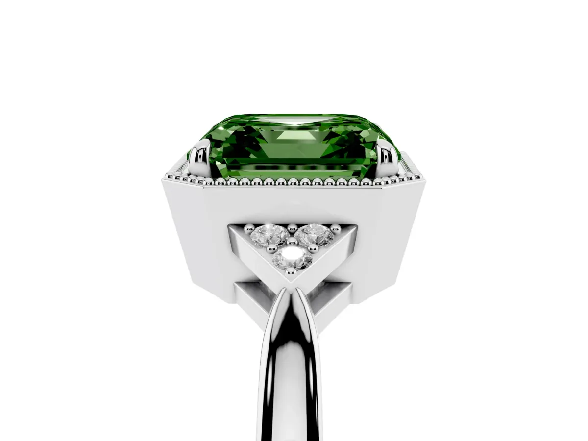 Fancy Green Hexagonal Halo Asscher Cut Diamond Solitaire with Pavé Band and Four-Prong Setting Silver