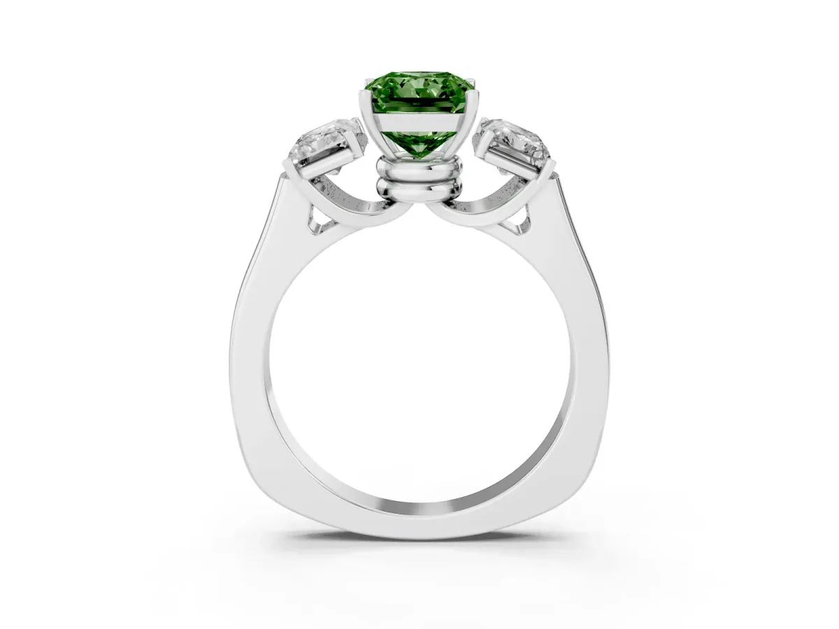 Fancy Green Three-Stone Radiant Cut Brilliant Diamond Trellis Ring with Comfort Fit Band Silver
