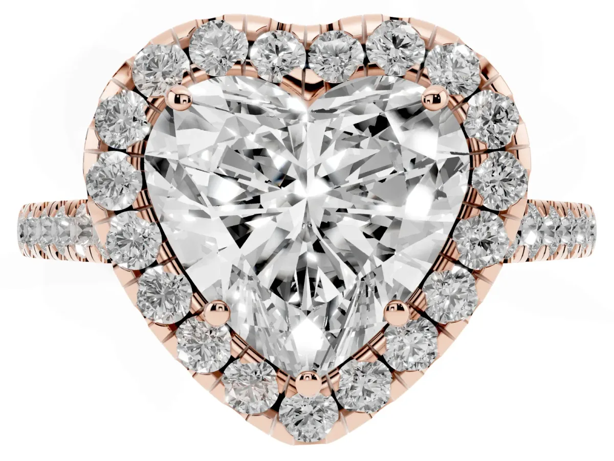 Heart Cut Halo Pave Diamond Engagement Ring with Four-Prong Setting Rose gold