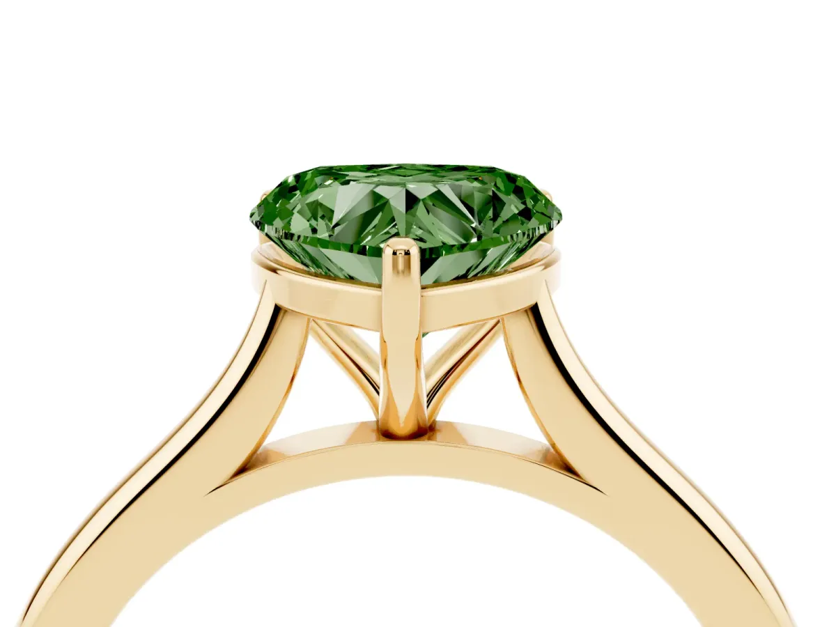 Fancy Green Heart Cut Cut Solitaire Ring with Cathedral Band and Four-Prong Setting Yellow gold