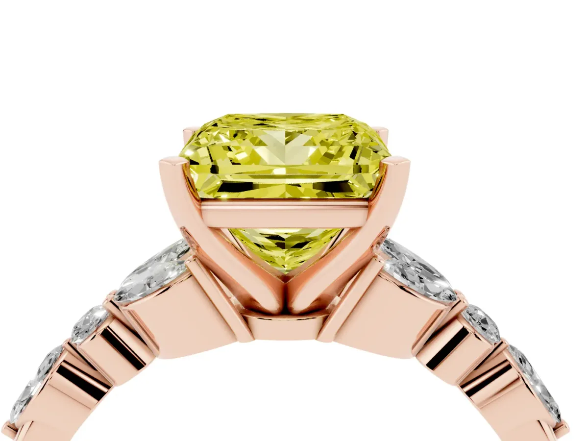 Fancy Yellow Princess Cut Diamond Solitaire Ring with Side Stones and Four-Prong Setting Rose gold