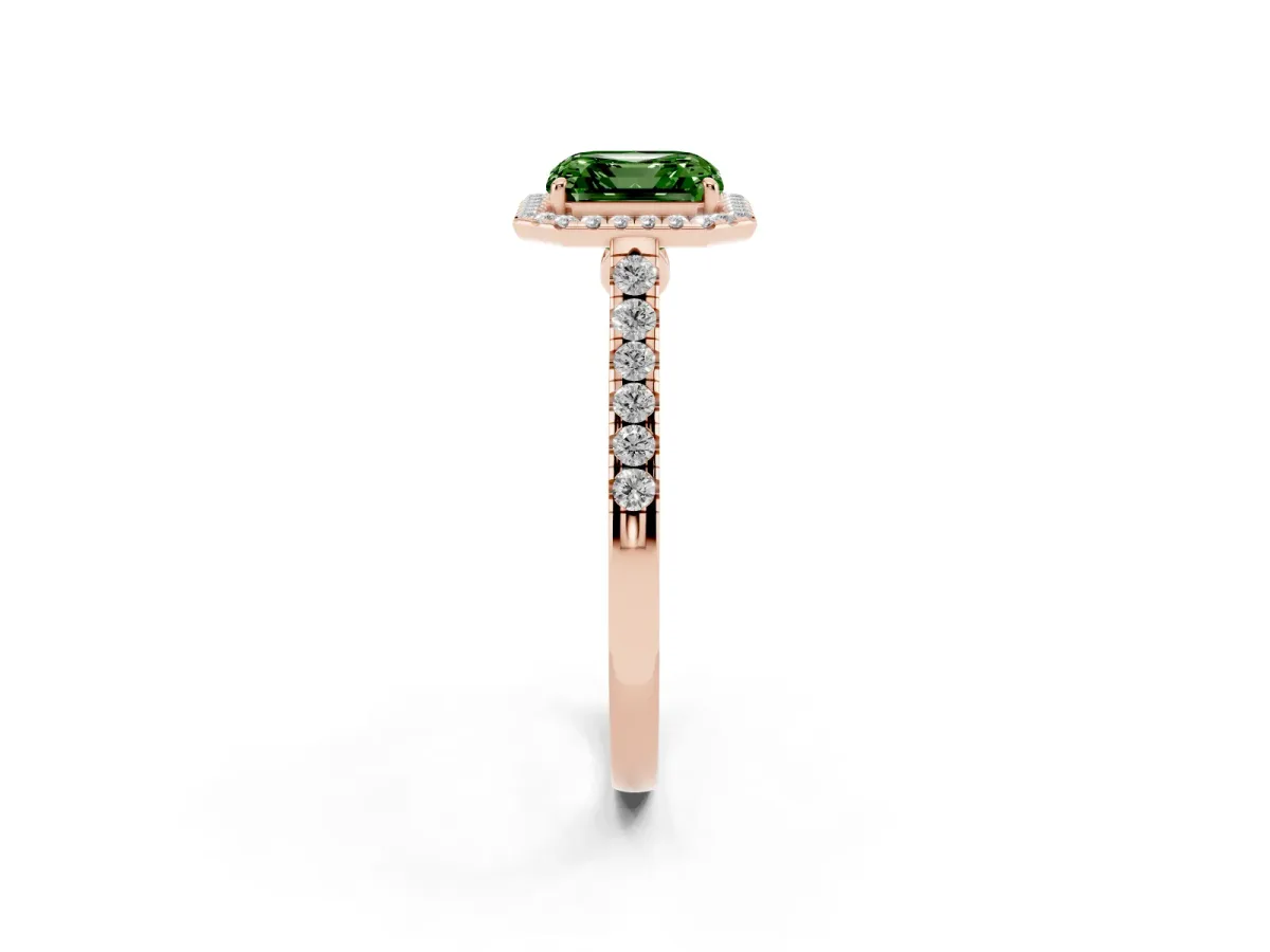 Fancy Green Asscher Cut Halo Pave Diamond Engagement Ring with Four-Prong Setting Rose gold
