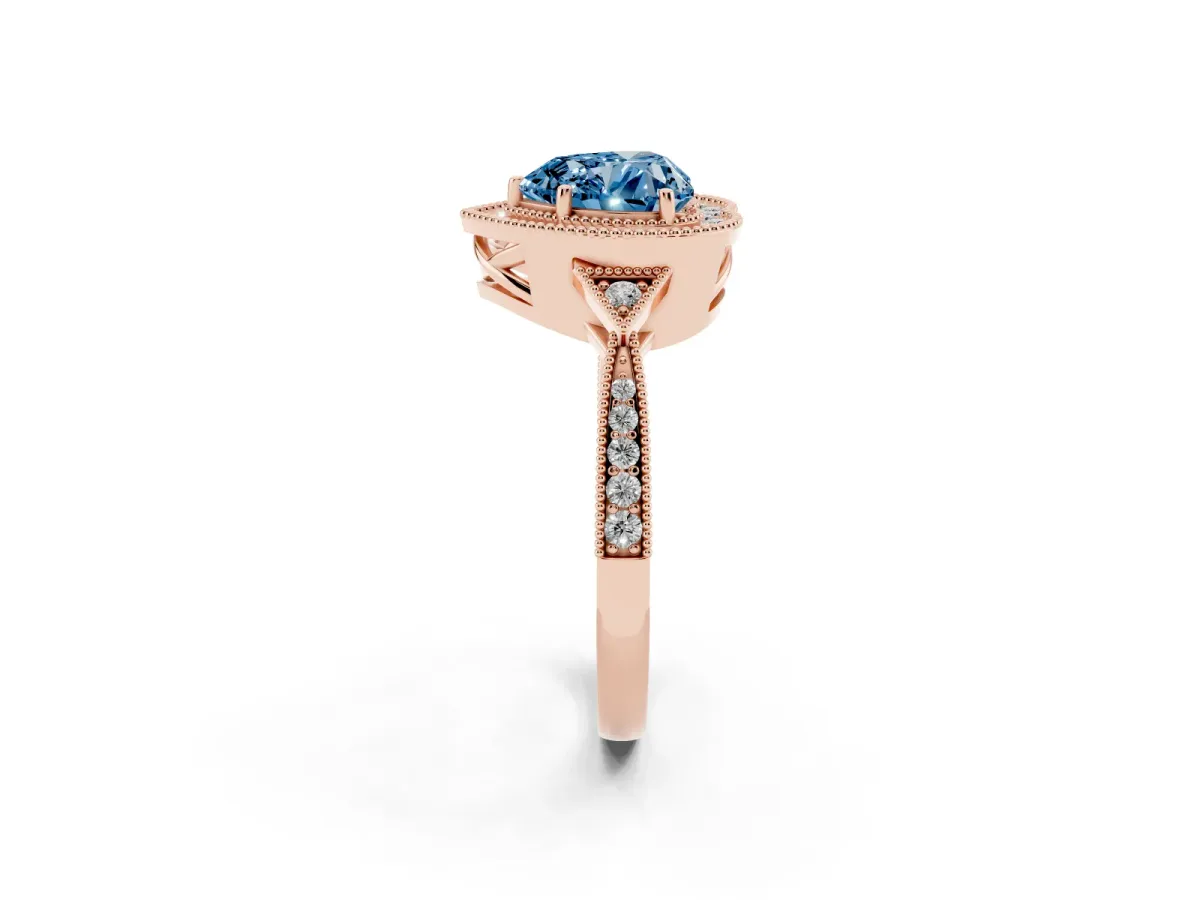 Fancy Blue Heart Cut Halo Round Diamond Milgrain Pave Engagement Ring Rose gold