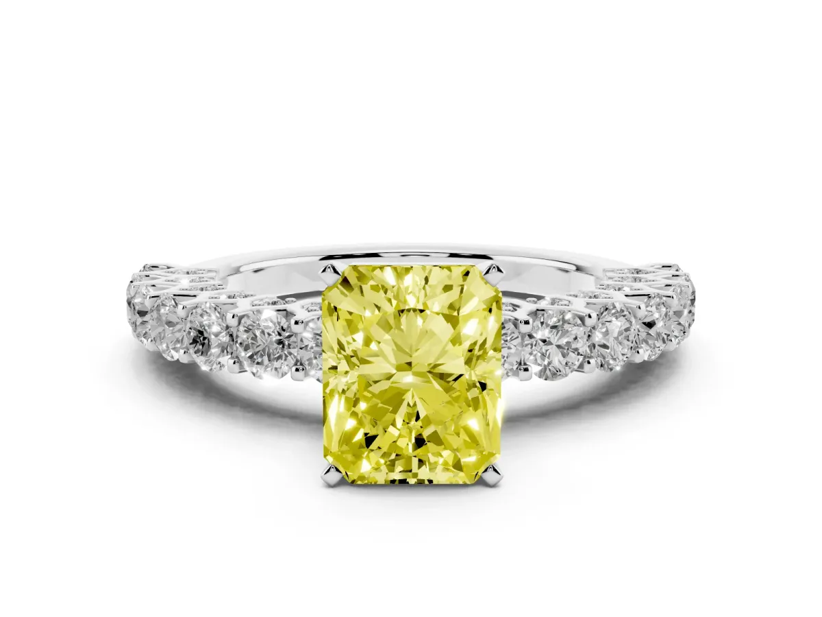 Fancy Yellow Radiant Cut Diamond Solitaire Ring with Shared Prong Pavé Band and Four-Prong Setting Platinum