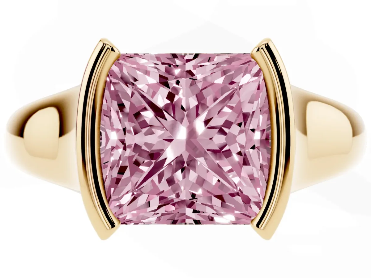 Fancy Pink Princess Cut Solitaire Tension Set Diamond Ring with Split Shank Band Yellow gold