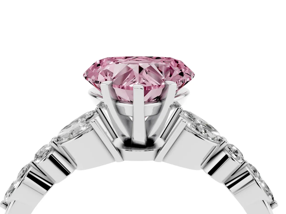 Fancy Pink Heart Cut Diamond Solitaire Ring with Side Stones and Four-Prong Setting Silver