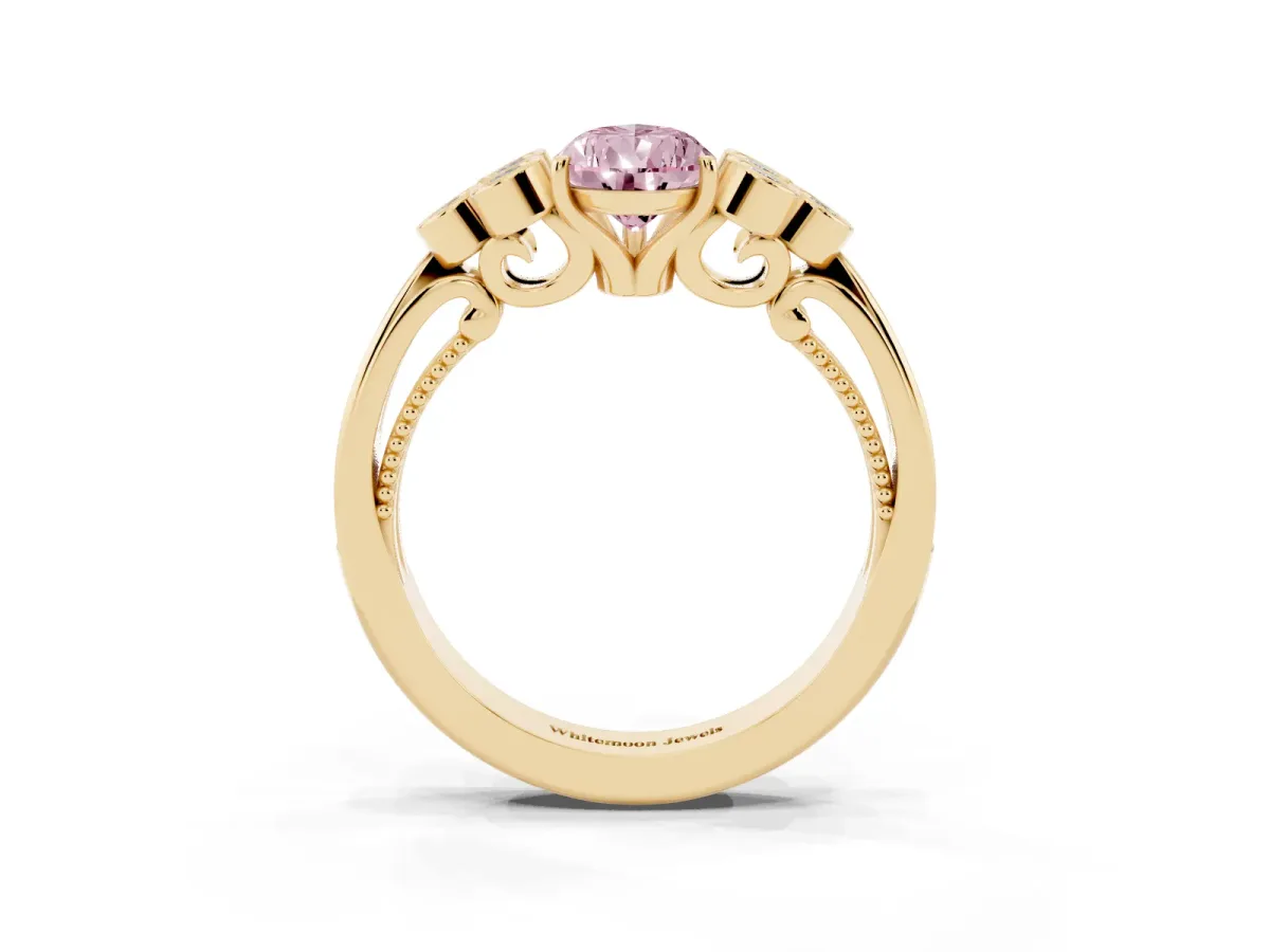 Fancy Pink Pear Cut Cut Diamond Engagement Ring with Bezel Set Round Side Stones and Prong Setting Yellow gold