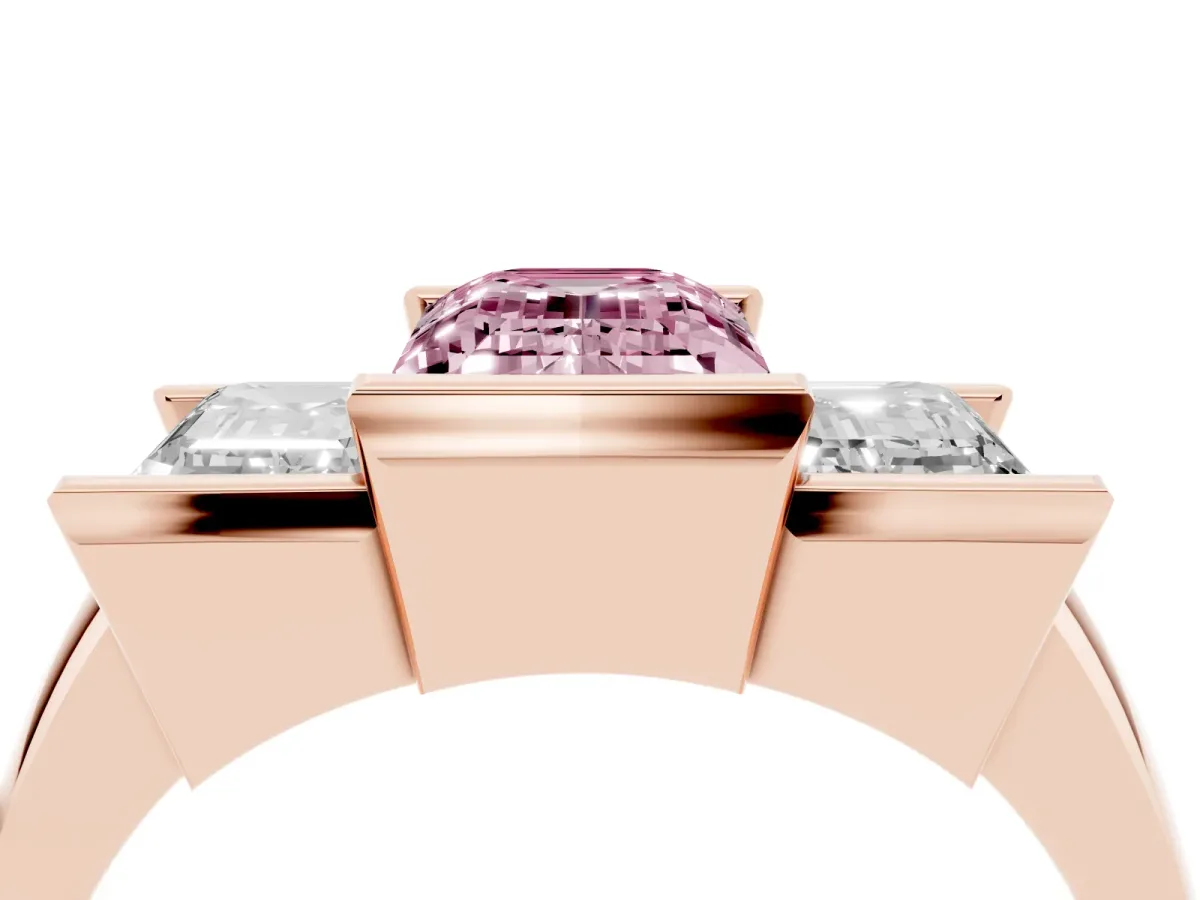 Fancy Pink Three Stone Emerald Cut Cut Channel Set Diamond Ring Rose gold