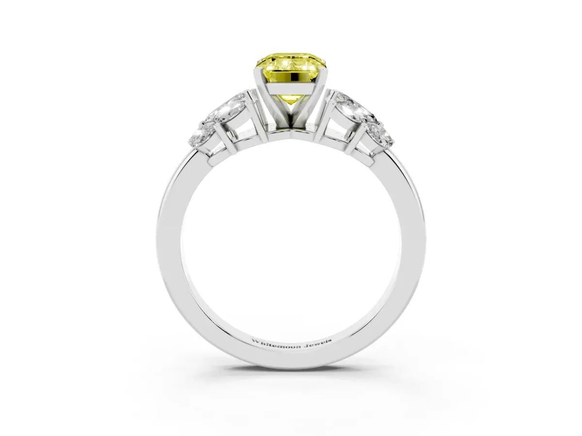 Fancy Yellow Emerald Cut Diamond Cluster Leaf Design Ring with Prong Setting White gold