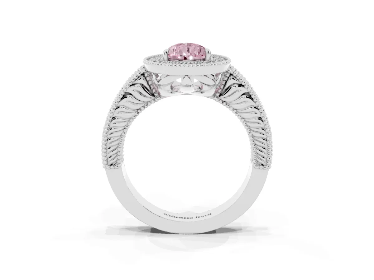 Fancy Pink Pear Cut Cut Halo Diamond Ring with Pavé Band and Four-Prong Setting Silver
