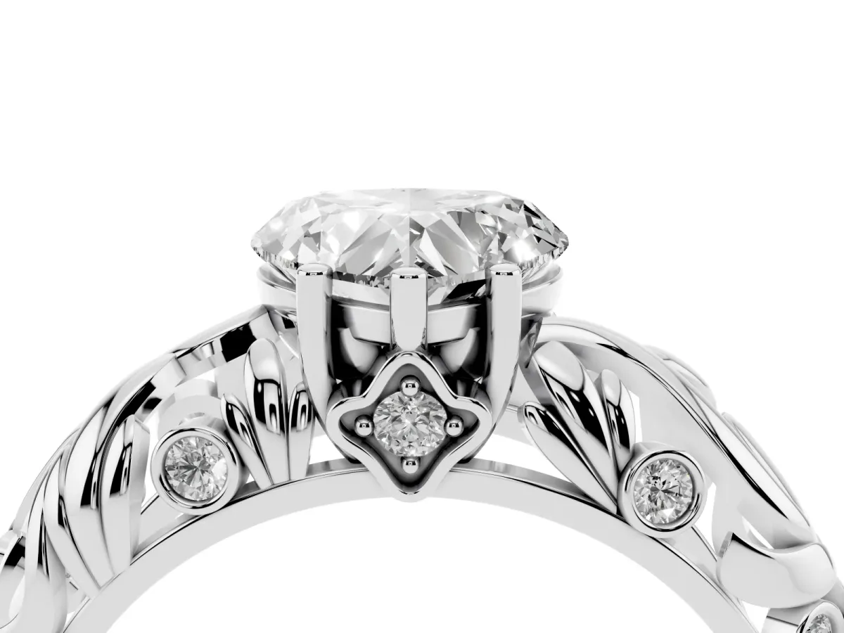 Heart Cut Solitaire Diamond Leaf-Inspired Vine Band Ring with Prong Setting Silver