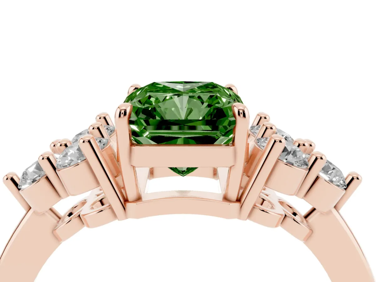Fancy Green Radiant Cut Brilliant Diamond Cluster Accent Solitaire Ring with Prong Setting Rose gold
