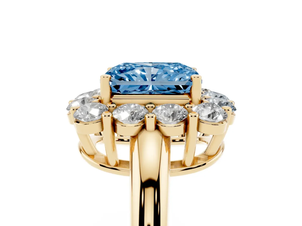 Fancy Blue Radiant Cut Halo Cluster Diamond Engagement Ring with Prong Setting and Polished Band Yellow gold