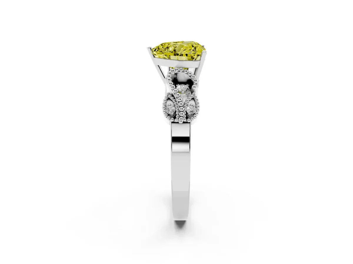 Fancy Yellow Heart Cut Solitaire Milgrain Leaf Band with Prong Setting White gold