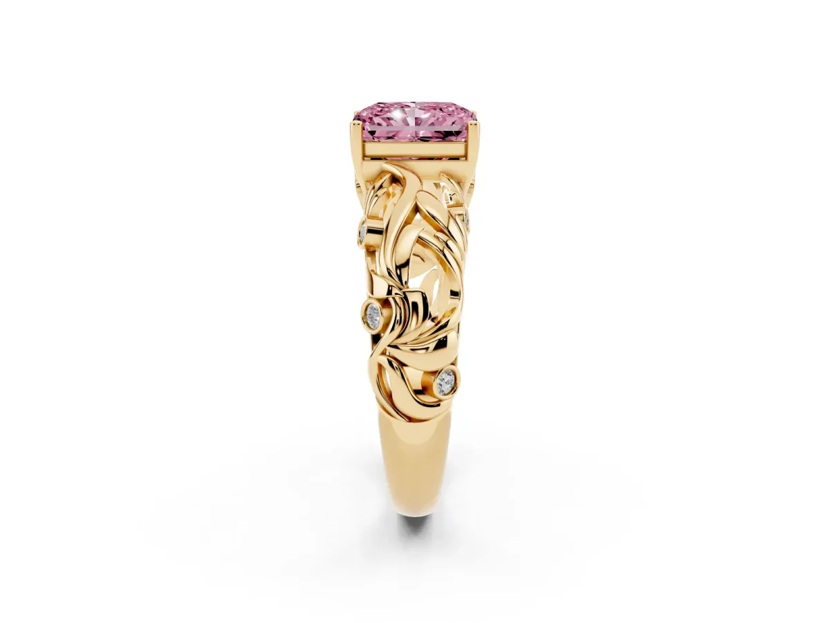 Fancy Pink Radiant Cut Solitaire Diamond Leaf-Inspired Vine Band Ring with Prong Setting Yellow gold