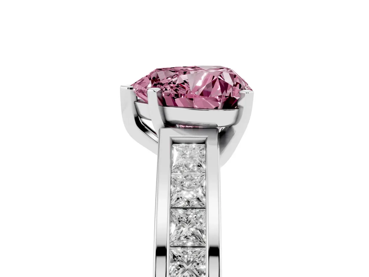 Fancy Pink Heart Cut Solitaire Diamond Ring with Channel-Set Band and Four-Prong Setting White gold