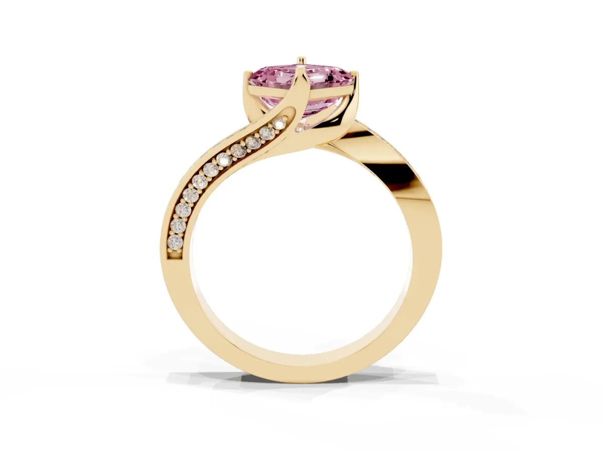 Fancy Pink Asscher Cut Solitaire Diamond Twist Band with Pavé Setting and Four-Prong Setting Yellow gold