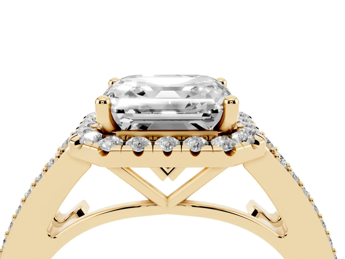 Asscher Cut Halo Split Shank Diamond Ring with Prong Setting Yellow gold