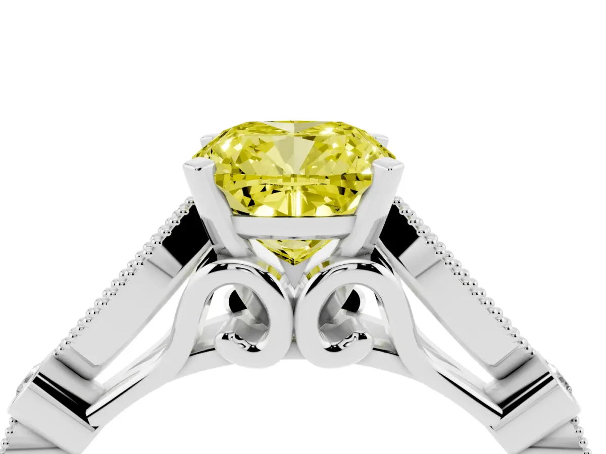 Fancy Yellow Cushion Cut Cut Diamond with Milgrain Marquise and Bezel Accents on a Solitaire Band with Prong Setting Platinum