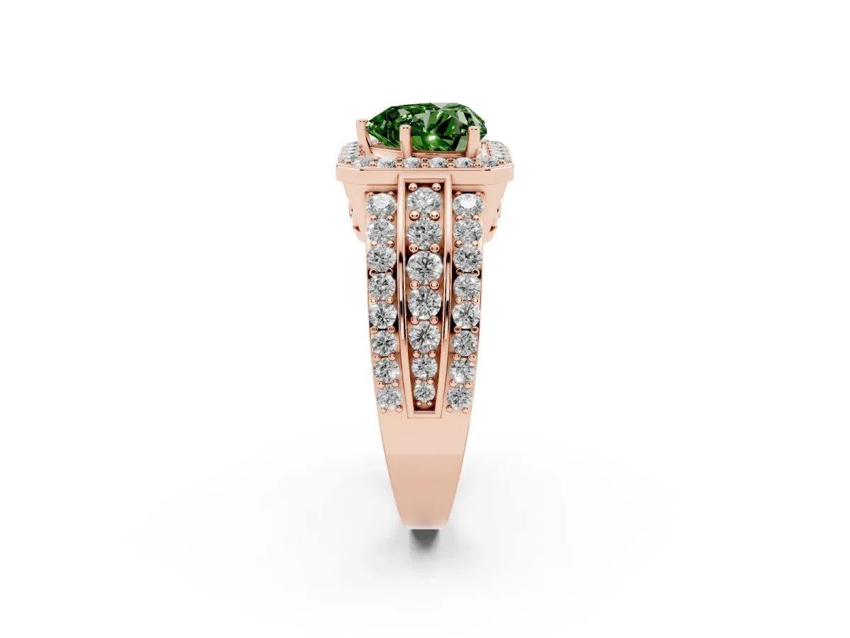 Fancy Green Heart Cut Halo Diamond Ring with Round Split Shank and Prong Setting Rose gold