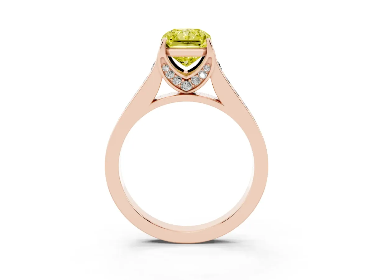 Fancy Yellow Radiant Cut Brilliant Cut Diamond Engagement Ring with Pavé Band and Four-Prong Setting Rose gold