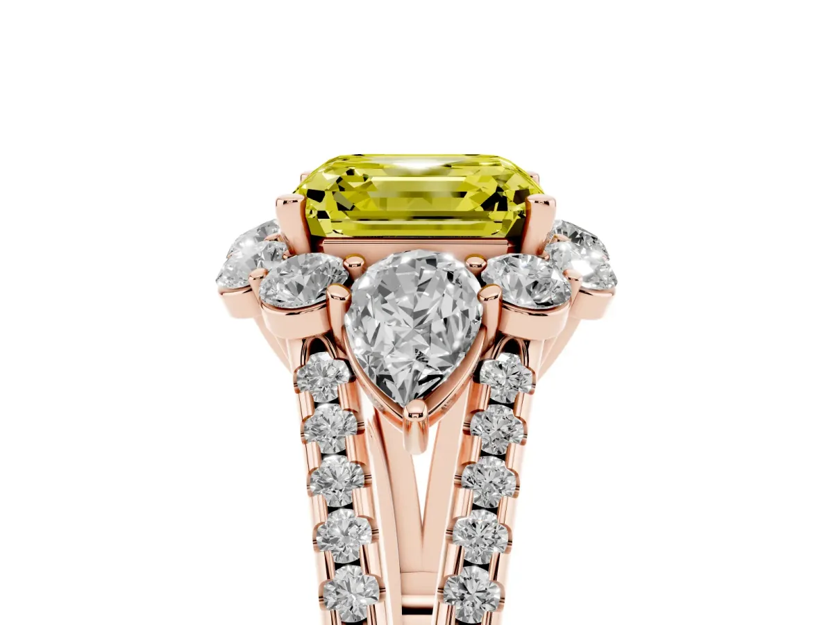 Fancy Yellow Asscher Cut Halo Split Shank Diamond Engagement Ring with Prong Setting Rose gold