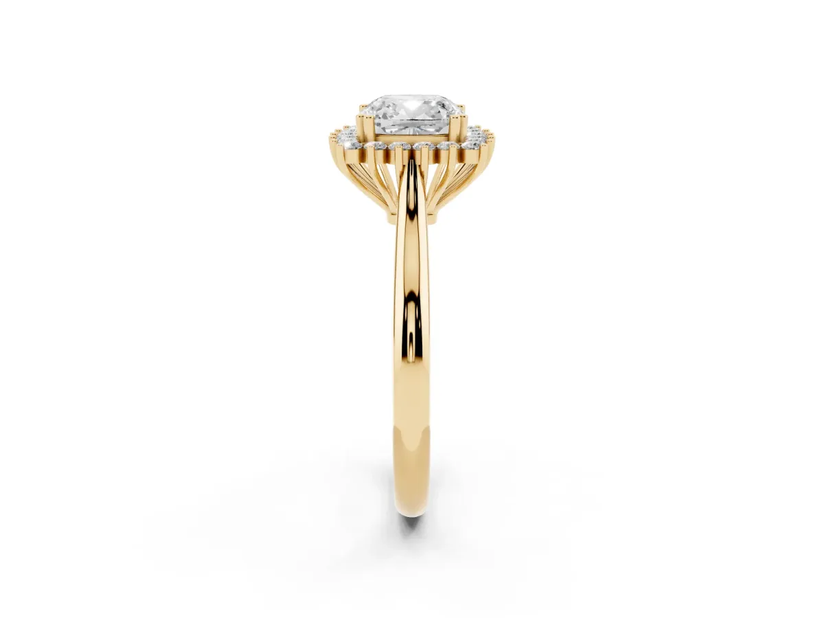 Cushion Cut Cut Diamond Halo Ring with Solitaire Band and Prong Setting Yellow gold