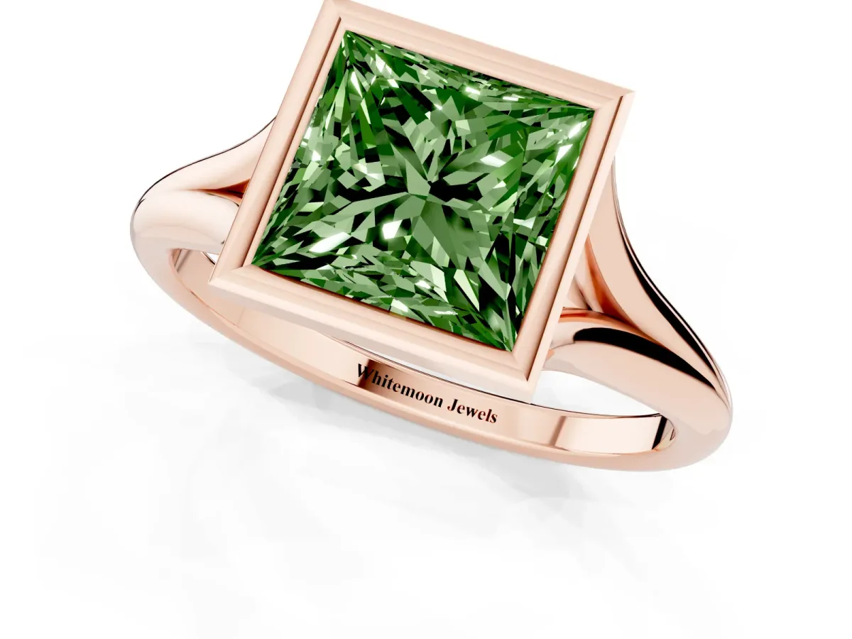 Fancy Green Bezel Set Princess Cut Cut Solitaire Ring with Tapered Band Rose gold