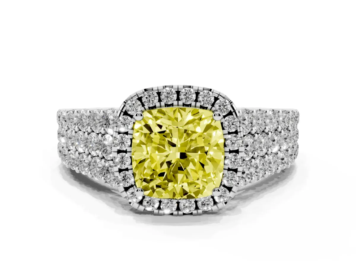 Fancy Yellow Cushion Cut Diamond Halo Engagement Ring with Triple Row Round Pavé Band and Prong Setting White gold