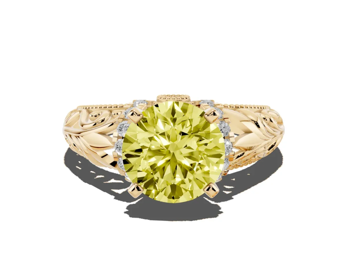 Fancy Yellow Round Cut Solitaire Filigree Engagement Ring with Halo and Prong Setting Yellow gold