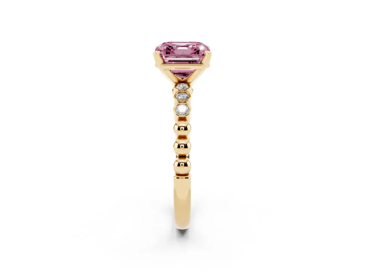 Fancy Pink Asscher Cut Solitaire Bezel Accent Diamond Engagement Ring with Beaded Band and Four-Prong Setting Yellow gold