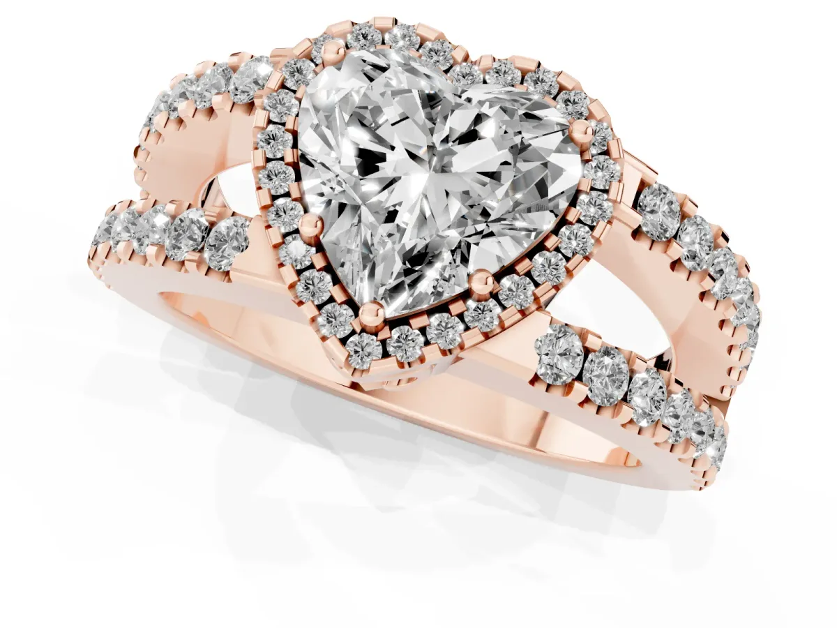 Heart Cut Cut Halo Split Shank Diamond Ring with Four-Prong Setting Rose gold