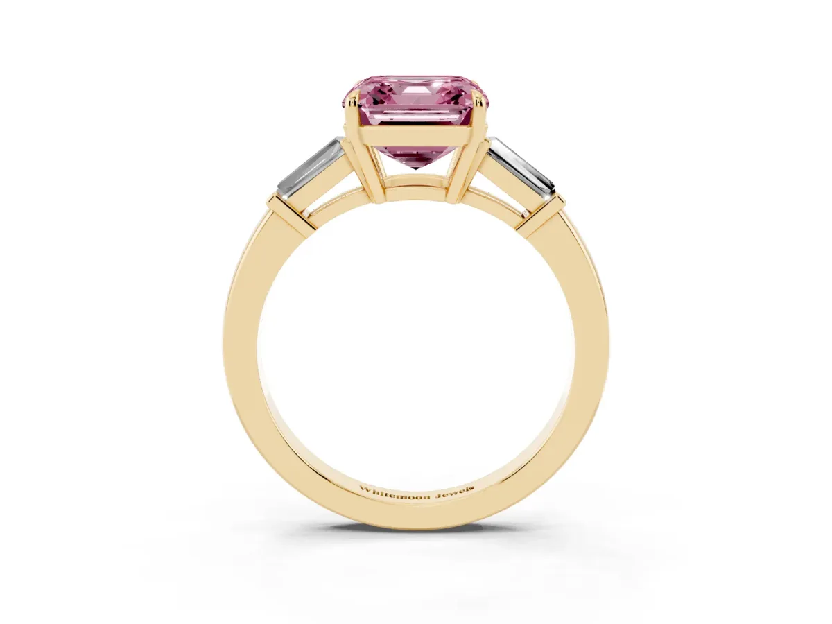 Fancy Pink Asscher Cut Diamond Three-Stone Ring with Tapered Baguette Side Stones and Prong Setting Yellow gold