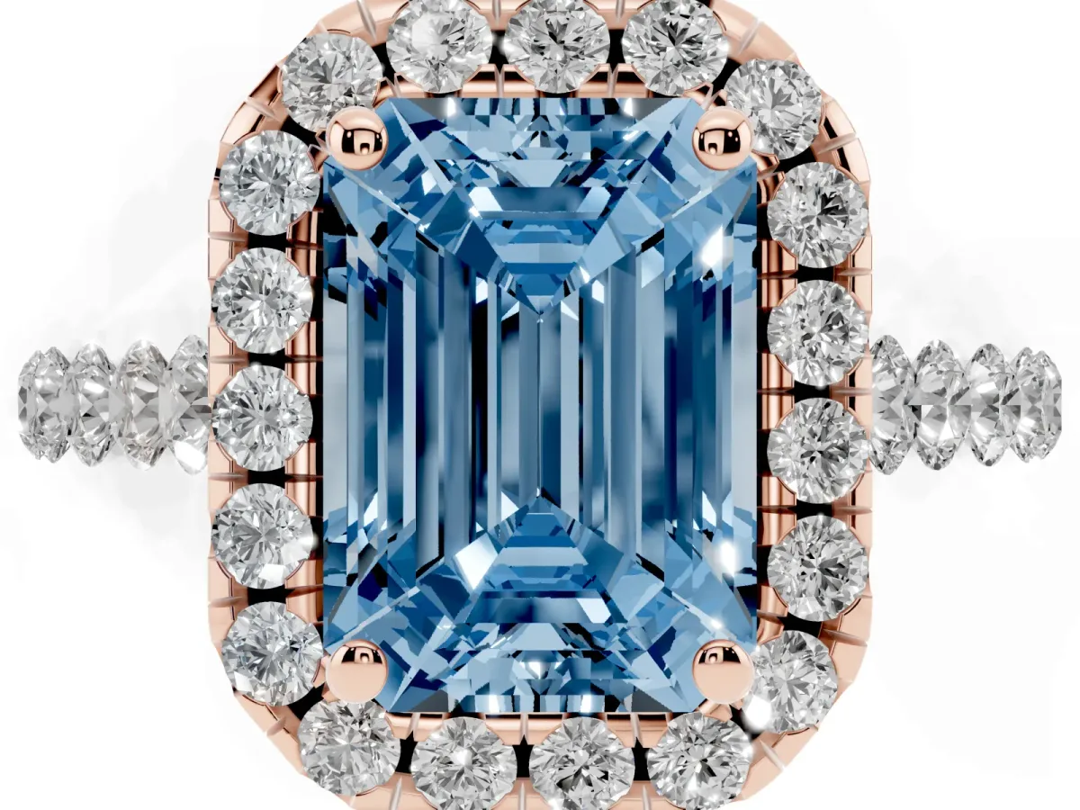 Fancy Blue Emerald Cut Halo Pavé Diamond Engagement Ring with Four-Prong Setting Rose gold