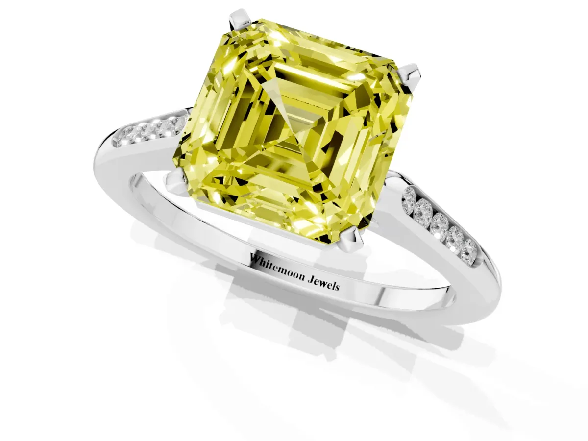Fancy Yellow Asscher Cut Diamond Solitaire Ring with Channel Set Round Band and Prong Setting White gold