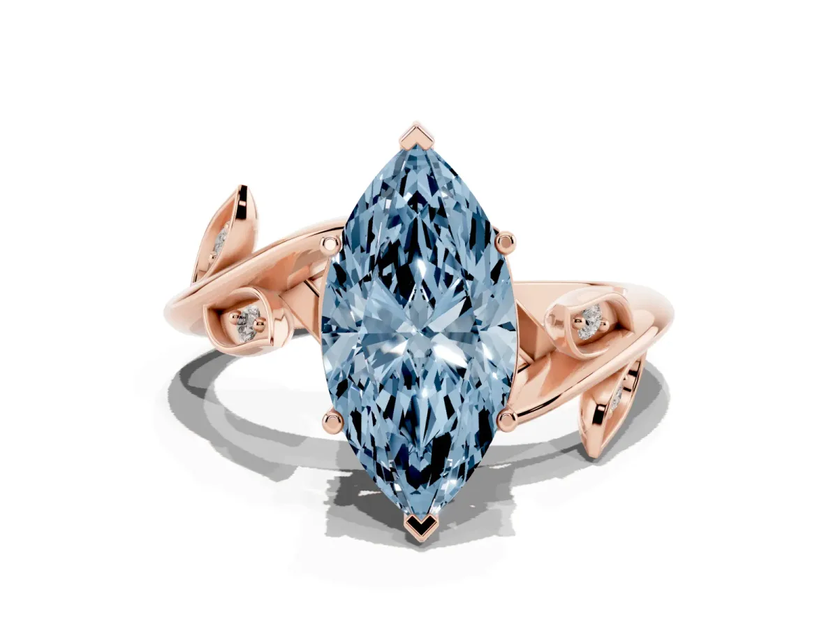 Fancy Blue Marquise Cut Solitaire Twist Engagement Ring with Leaf Accents and Prong Setting Rose gold