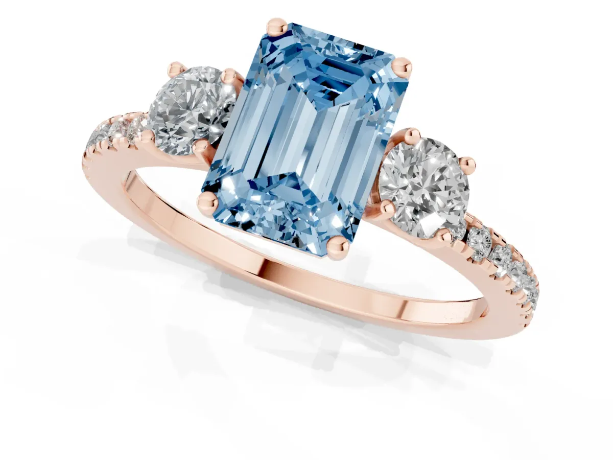 Fancy Blue Three-Stone Emerald Cut Cut Diamond Pavé Band with Prong Setting Rose gold