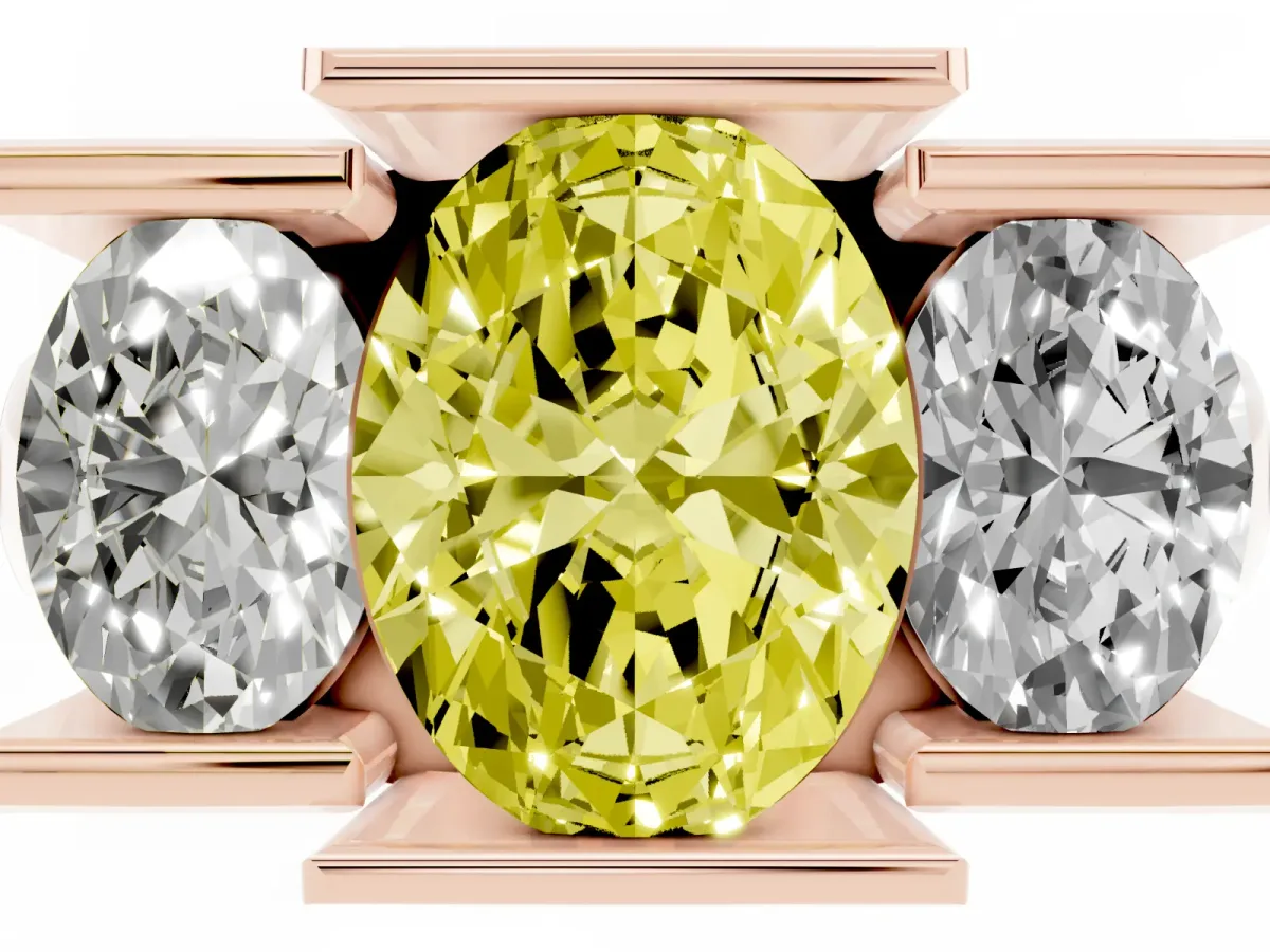 Fancy Yellow Three Stone Oval Cut Cut Channel Set Diamond Ring Rose gold