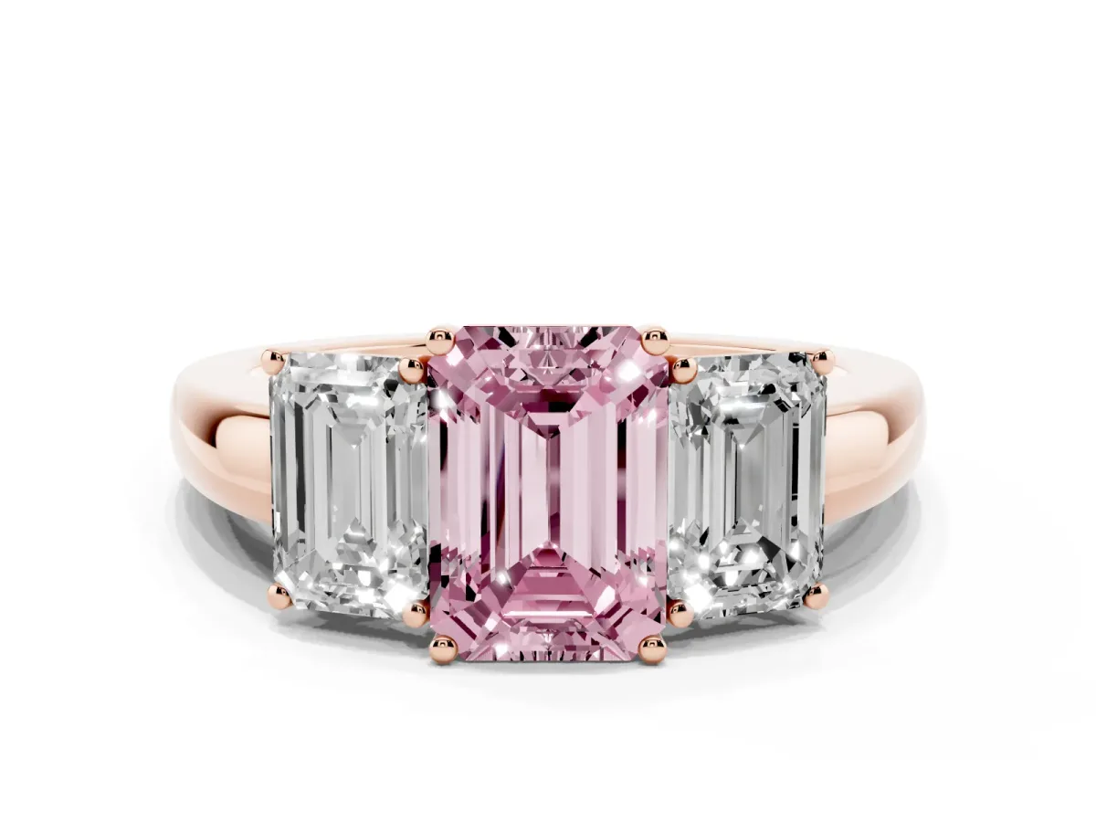 Fancy Pink Emerald Cut Diamond Three-Stone Ring with Four-Prong Setting and Classic Band Rose gold