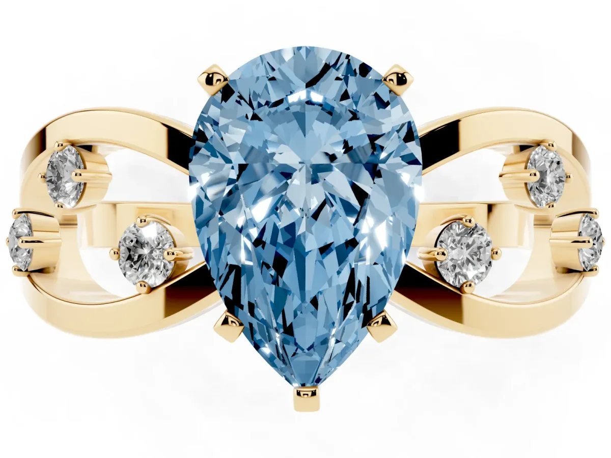 Fancy Blue Pear Cut Cut Solitaire Diamond with Side Stones on Criss-Cross Band and Four-Prong Setting Yellow gold