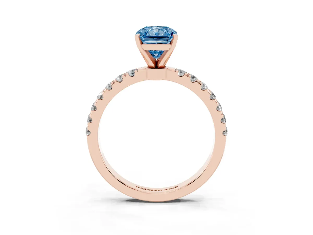 Fancy Blue Radiant Cut Diamond Solitaire Ring with Pavé Accents and Four-Prong Setting Rose gold