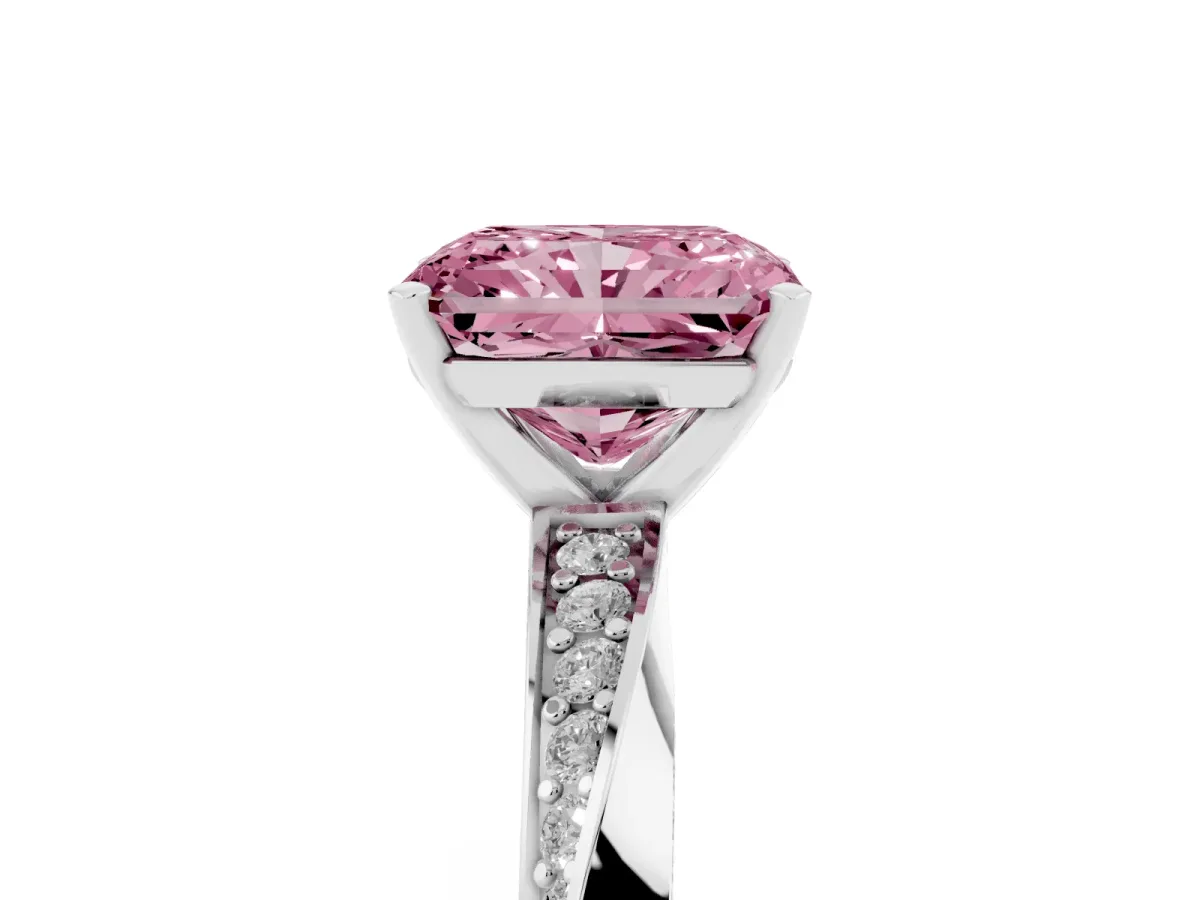 Fancy Pink Radiant Cut Diamond Engagement Ring with Side Stone Accents and Four-Prong Setting White gold