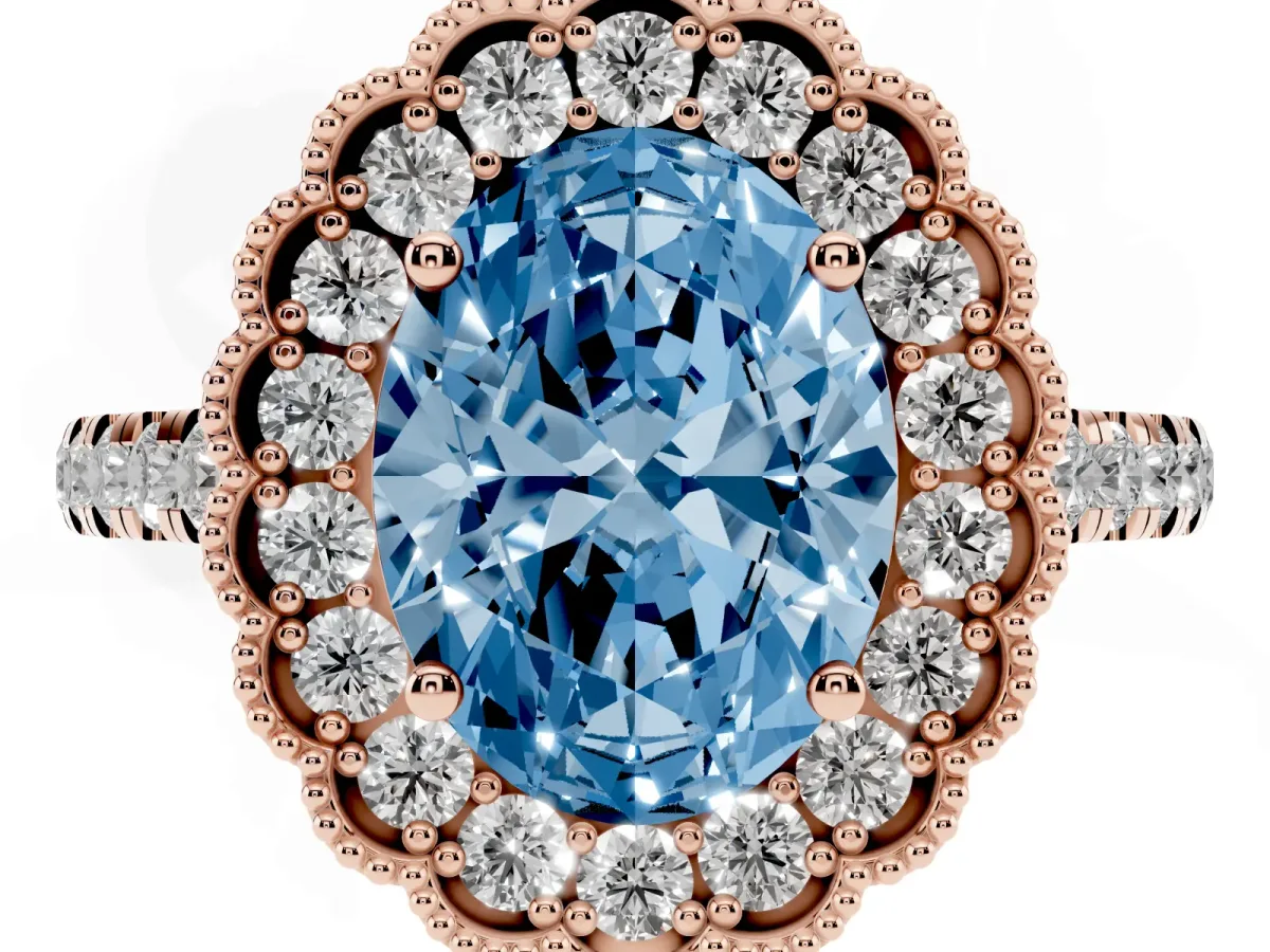 Fancy Blue Oval Cut Cut Diamond Milgrain Floral Halo Engagement Ring with Pavé Band Rose gold