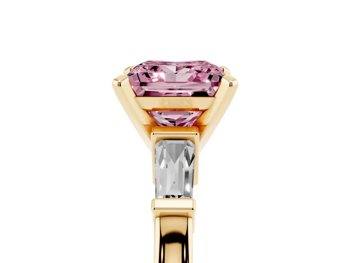 Fancy Pink Princess Cut Cut Diamond Solitaire Ring with Tapered Baguette Accents and Four-Prong Setting Yellow gold