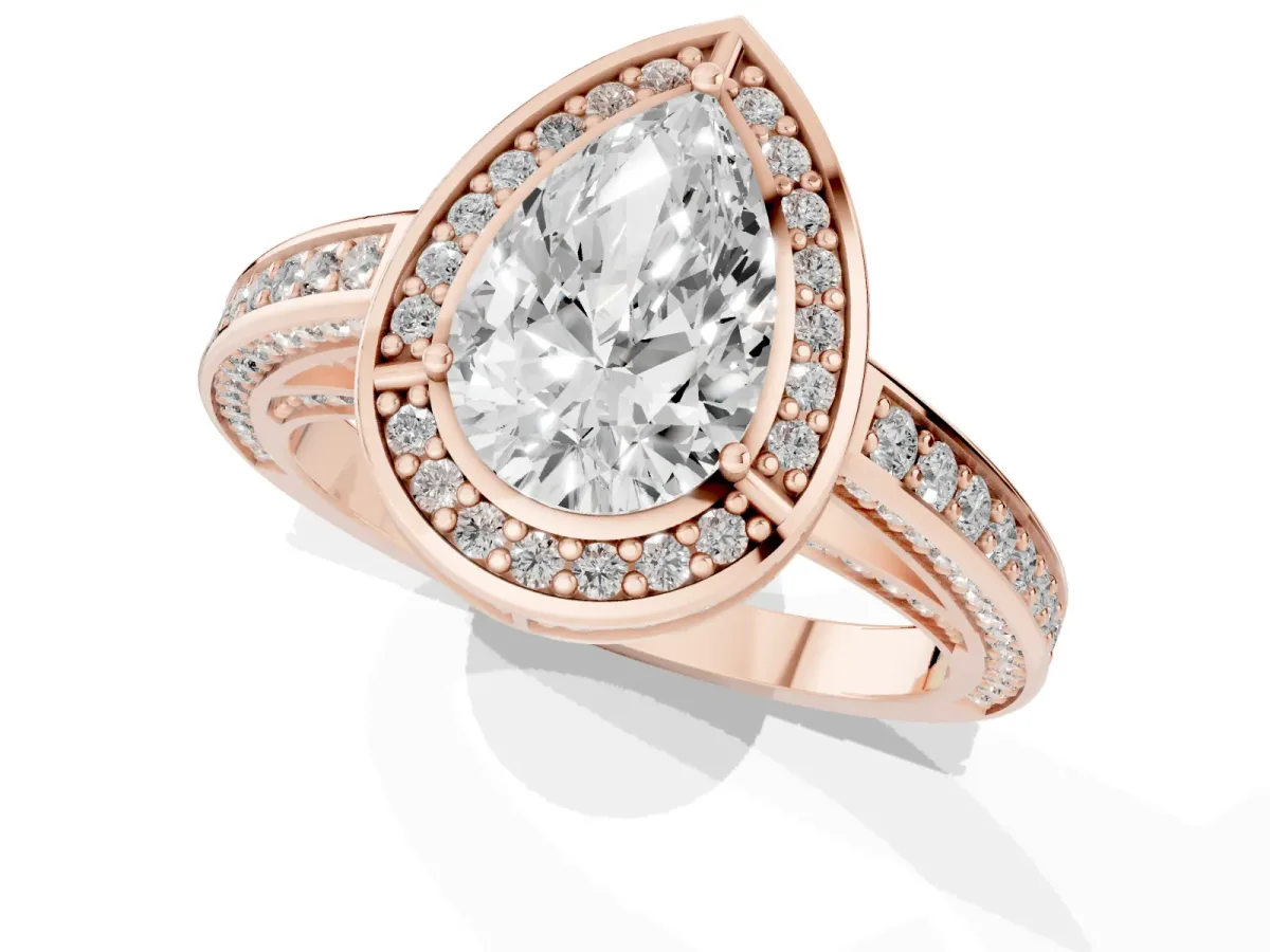 Pear Cut Cut Halo Pave Split Shank Prong Setting Ring Rose gold