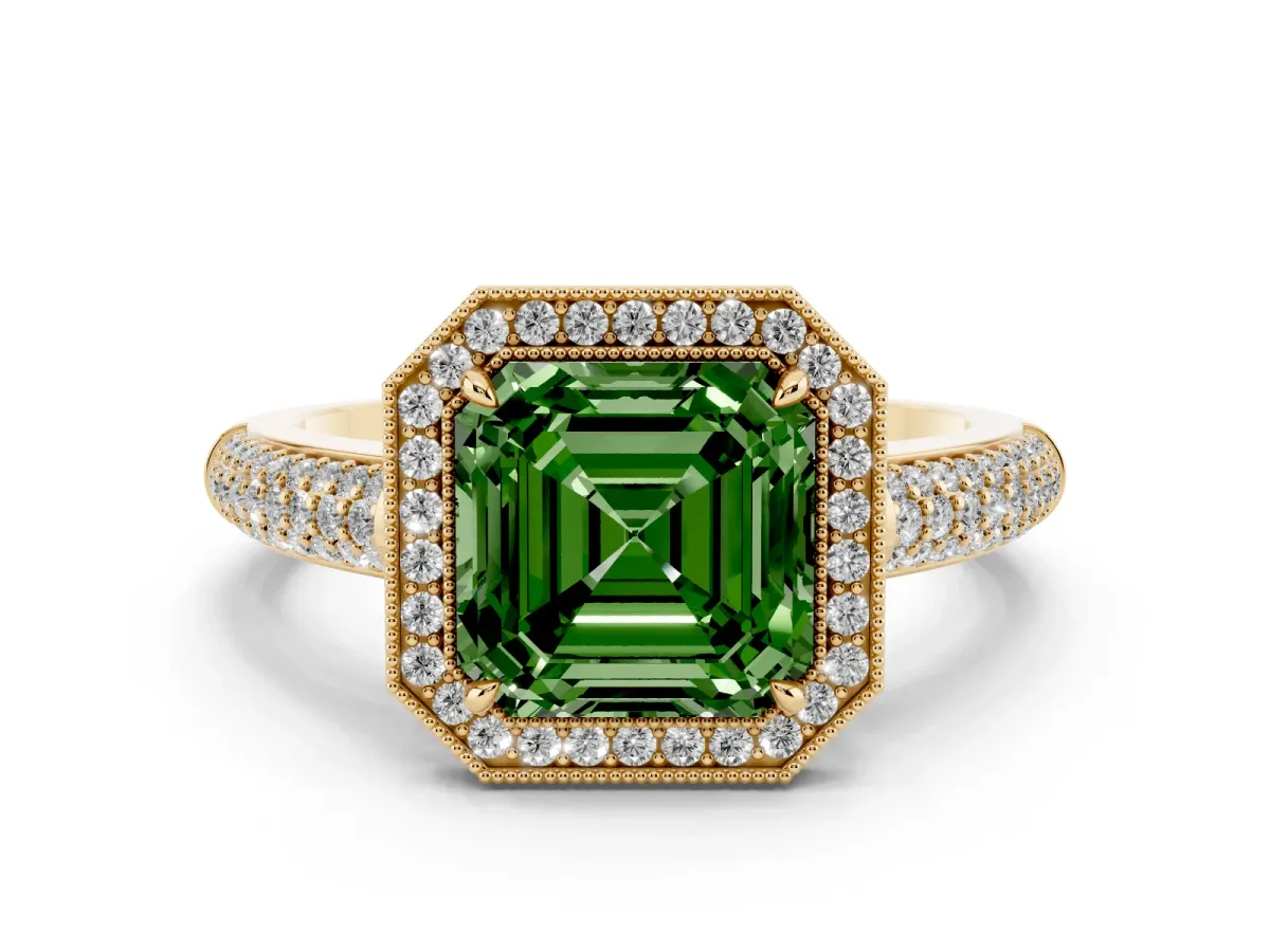 Fancy Green Asscher Cut Cut Halo Diamond Pave Band with Four-Prong Setting Yellow gold
